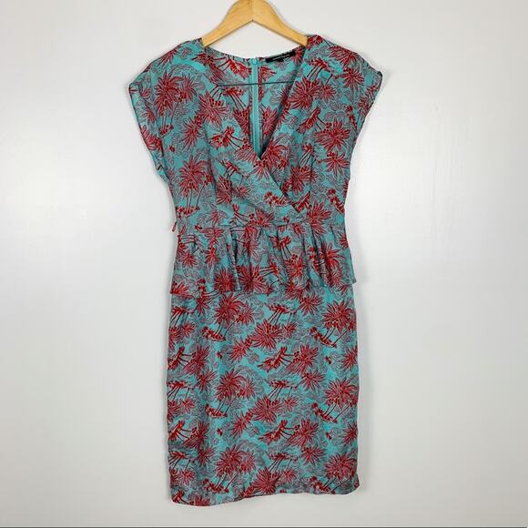Nanette Lepore Teal & Red 100% Silk Peplum Waist Palm Print Dress Size 4 - Picture 2 of 13